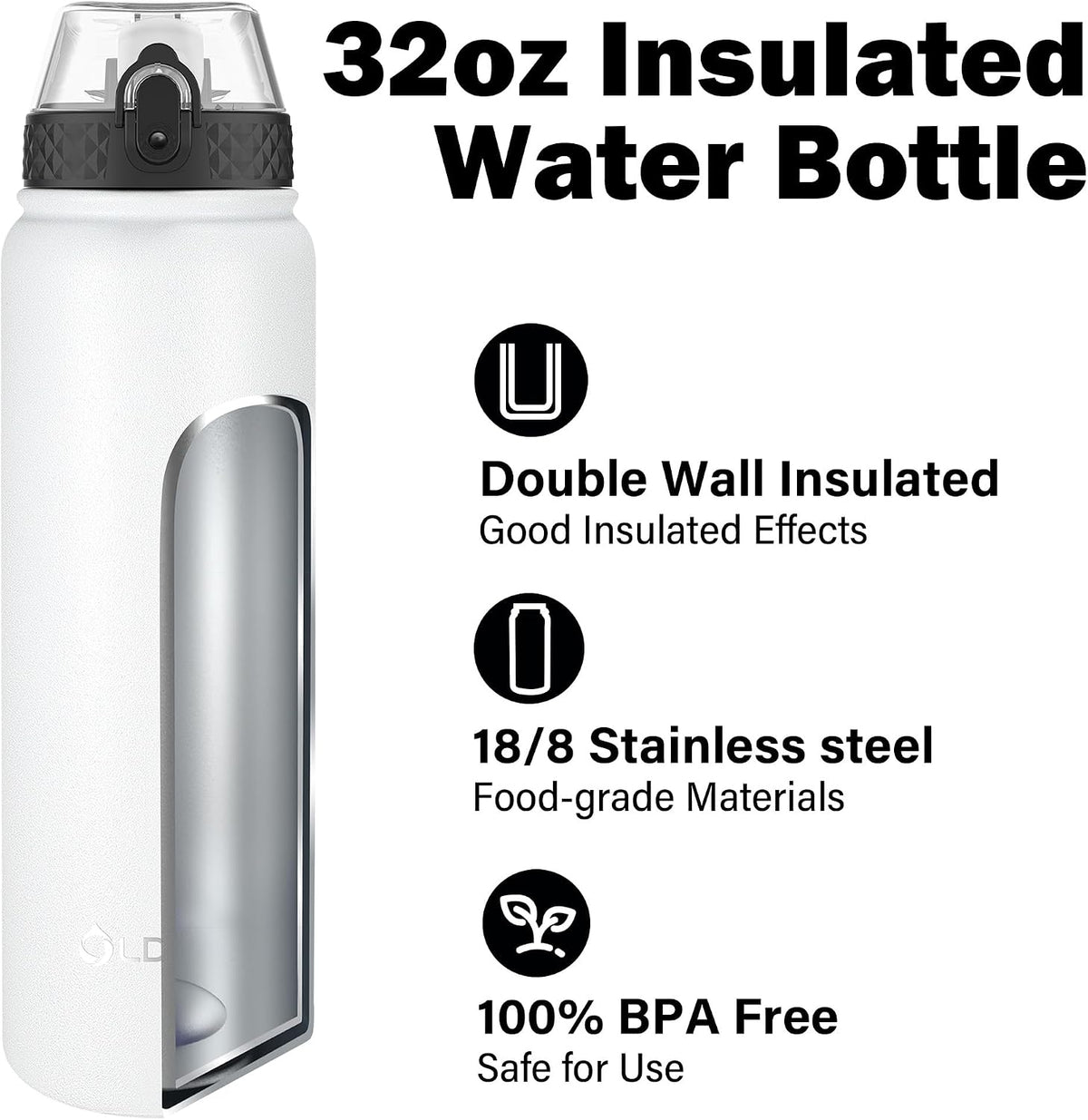Insulated Water Bottle 20oz for Adults Kids Stainless Steel Water Bottles with Straw/Chug/Carabiner 3 Lids Fruit Strainer Double Wall Vacuum Wide Mouth BPA Free Leak-Proof for School Travel