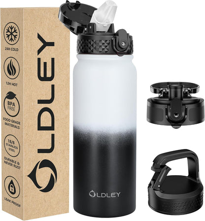 Insulated Water Bottle 20oz for Adults Kids Stainless Steel Water Bottles with Straw/Chug/Carabiner 3 Lids Fruit Strainer Double Wall Vacuum Wide Mouth BPA Free Leak-Proof for School Travel
