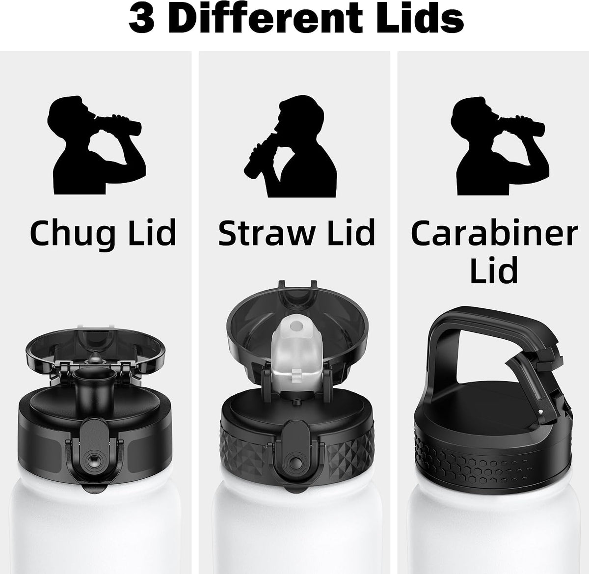 Insulated Water Bottle 20oz for Adults Kids Stainless Steel Water Bottles with Straw/Chug/Carabiner 3 Lids Fruit Strainer Double Wall Vacuum Wide Mouth BPA Free Leak-Proof for School Travel