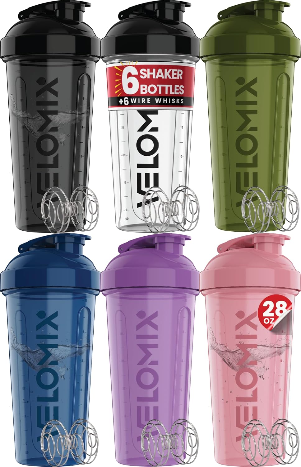 6 Pack 28oz Shaker Cups for Protein Shakes, Blacks to Transparent