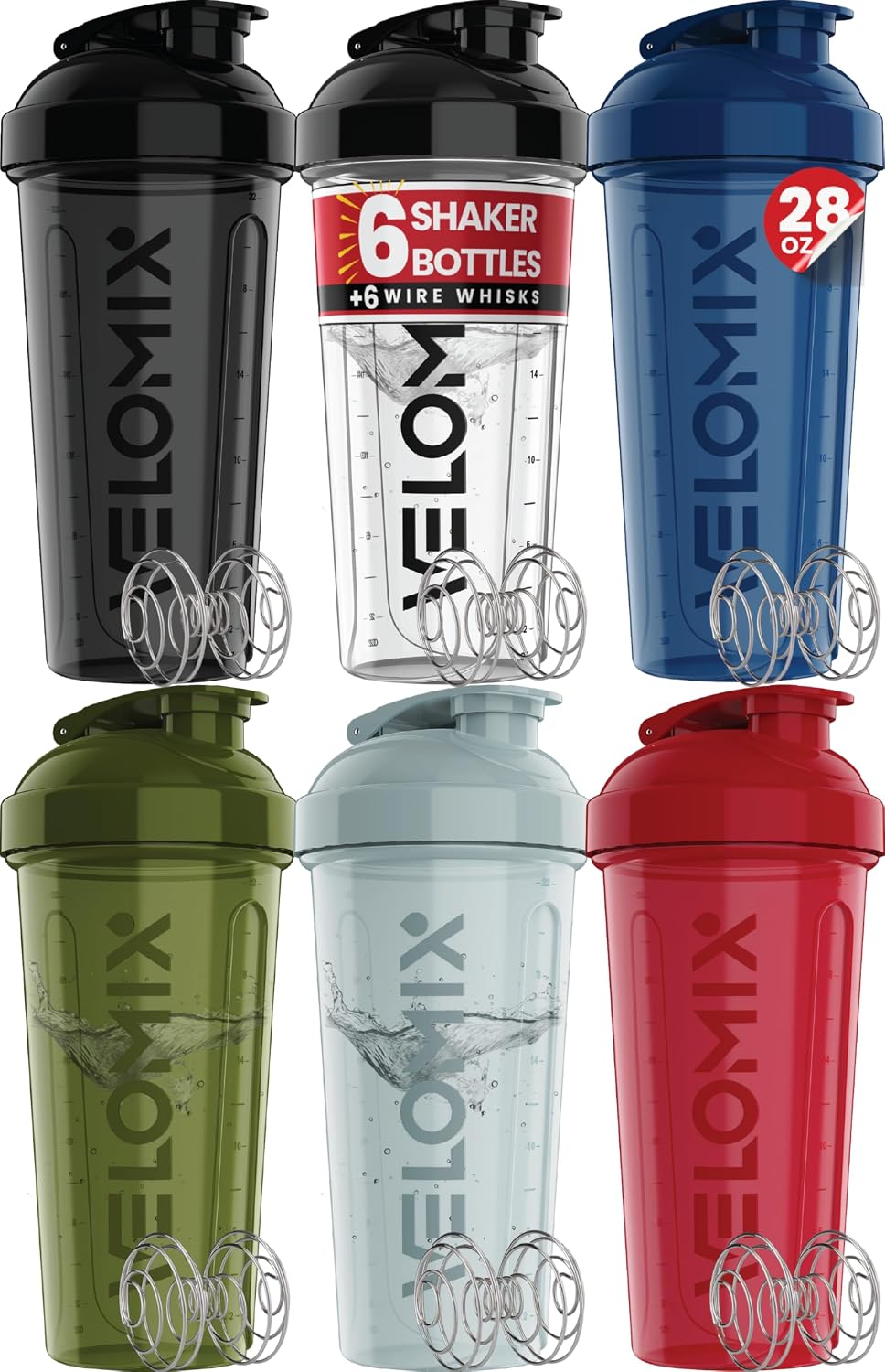 6 Pack 28oz Shaker Cups for Protein Shakes, Blacks to Transparent