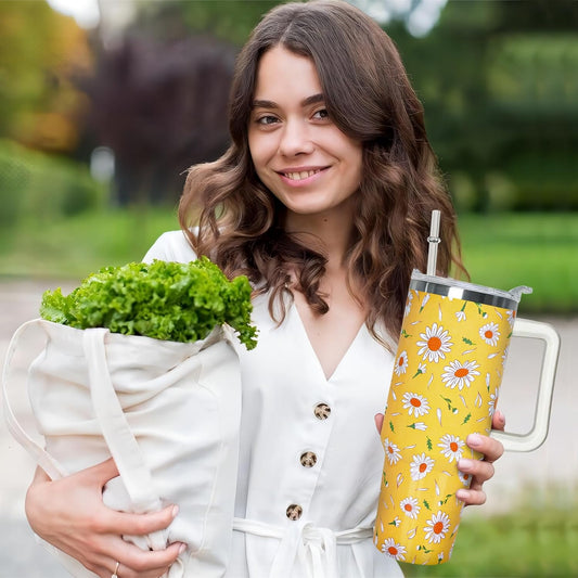 40 oz Daisy Tumbler with Handle and Straw Lid Daisy Themed Gifts for Women Flower Lovers Double Insulated Cup Travel Coffee Mug