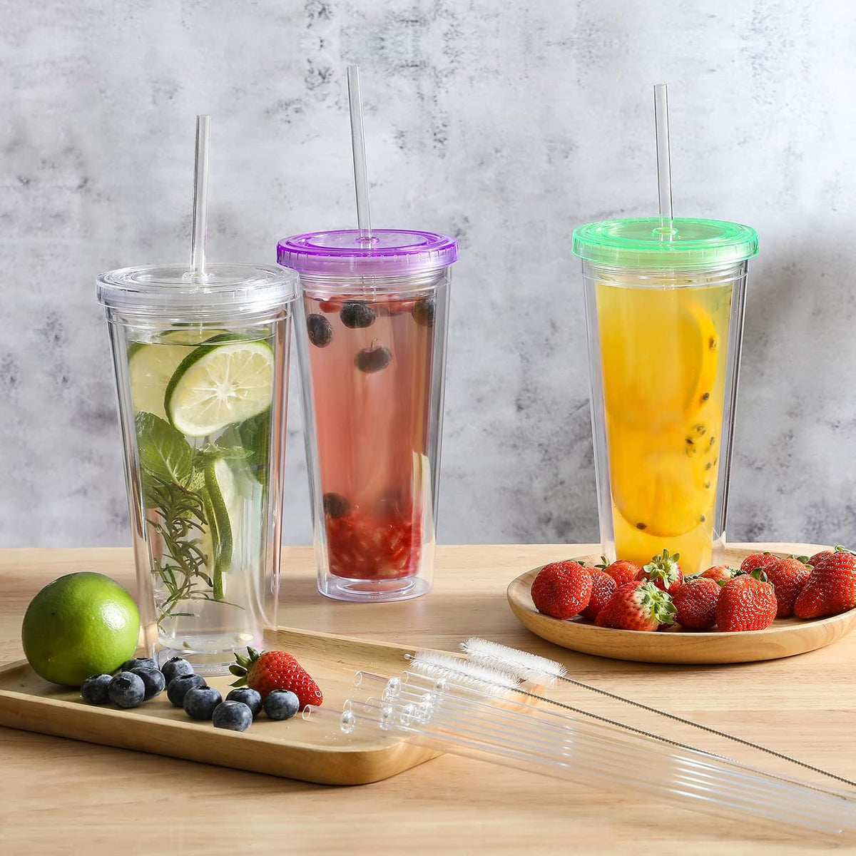 24 PCS, Reusable Straws with 4 Brushes, 10.5" Long Tritan Hard Plastic Straws, 12 Colors Translucent Replacement Drinking for 16OZ-32 OZ Tumblers, Cups, Jars, Stanley, YETI, Starbucks, BPA Free