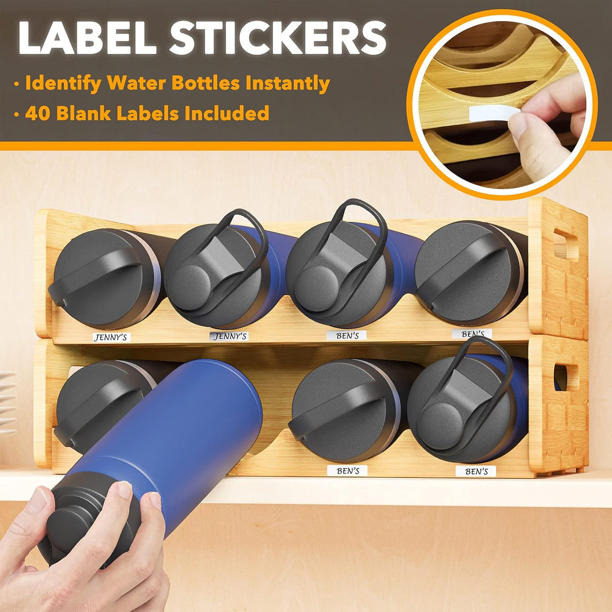 Bamboo Water Bottle Organizer with Labels, Kitchen Pantry Water Bottle Storage Rack for Cabinets, Home Cup and Wine Bottle Holder Shelf Organizers, 2 Pack 4-Slot, Hold 8 Bottles