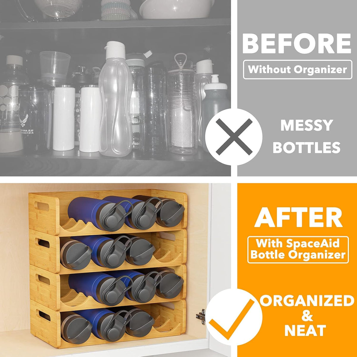Bamboo Water Bottle Organizer with Labels, Kitchen Pantry Water Bottle Storage Rack for Cabinets, Home Cup and Wine Bottle Holder Shelf Organizers, 2 Pack 4-Slot, Hold 8 Bottles