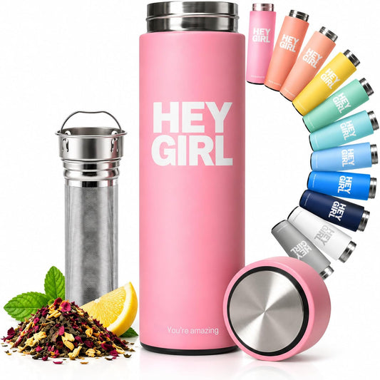 Hey Girl Tea Infuser Bottle 450ml - Insulated Stainless Steel Water Bottle - Tea Tumbler with Tea Diffuser - Portable Travel Mug for Loose Leaf Tea & Infused Water - Tea Lovers Gifts for Women (Pink)