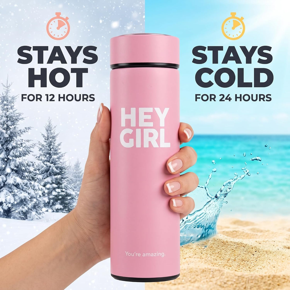 Hey Girl Tea Infuser Bottle 450ml - Insulated Stainless Steel Water Bottle - Tea Tumbler with Tea Diffuser - Portable Travel Mug for Loose Leaf Tea & Infused Water - Tea Lovers Gifts for Women (Pink)