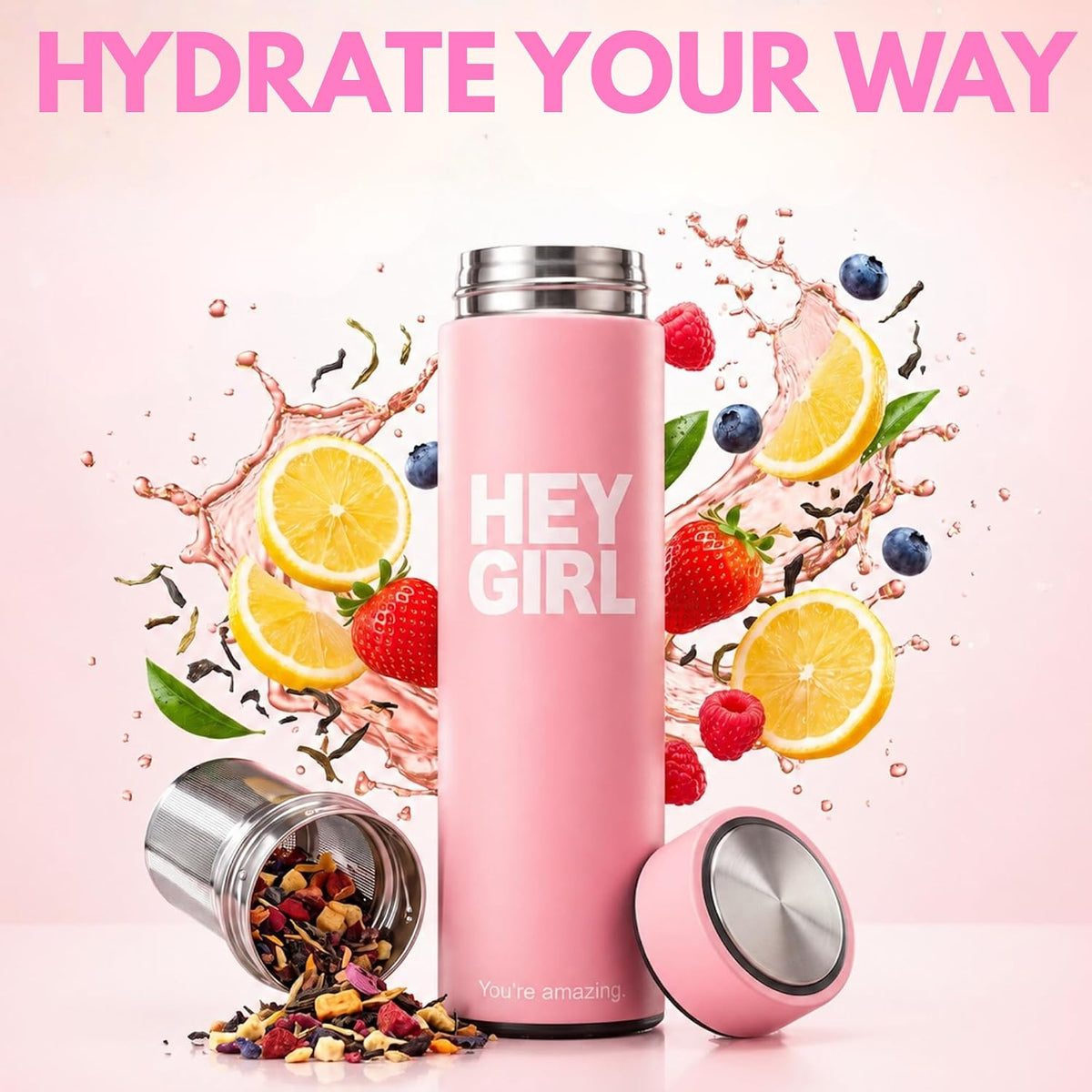 Hey Girl Tea Infuser Bottle 450ml - Insulated Stainless Steel Water Bottle - Tea Tumbler with Tea Diffuser - Portable Travel Mug for Loose Leaf Tea & Infused Water - Tea Lovers Gifts for Women (Pink)