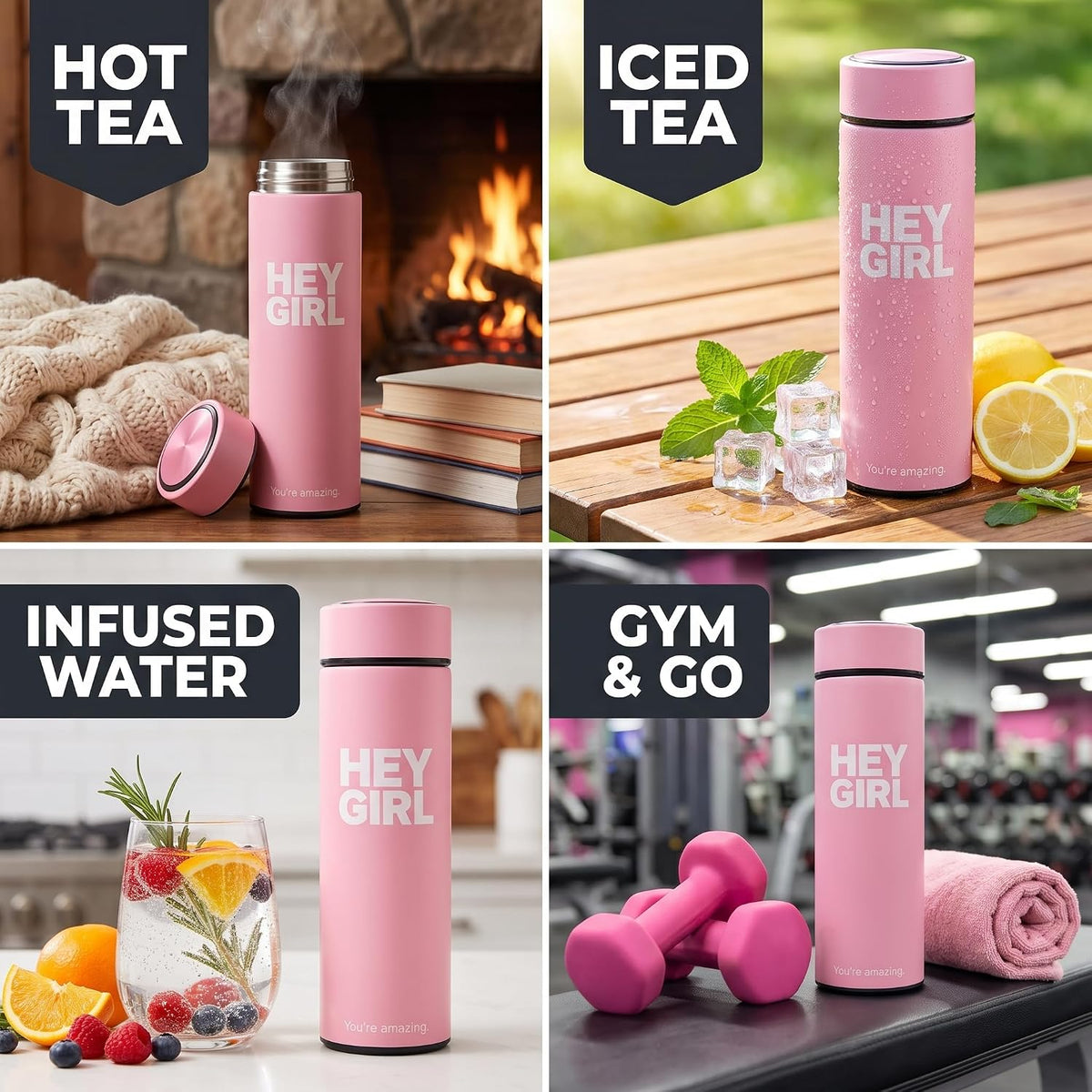 Hey Girl Tea Infuser Bottle 450ml - Insulated Stainless Steel Water Bottle - Tea Tumbler with Tea Diffuser - Portable Travel Mug for Loose Leaf Tea & Infused Water - Tea Lovers Gifts for Women (Pink)