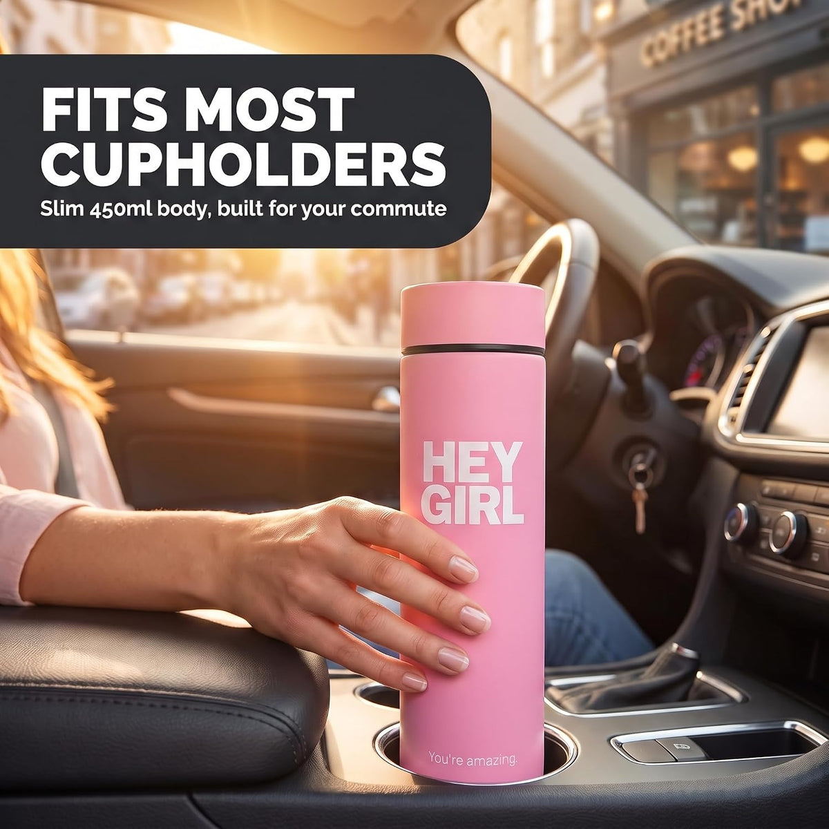 Hey Girl Tea Infuser Bottle 450ml - Insulated Stainless Steel Water Bottle - Tea Tumbler with Tea Diffuser - Portable Travel Mug for Loose Leaf Tea & Infused Water - Tea Lovers Gifts for Women (Pink)