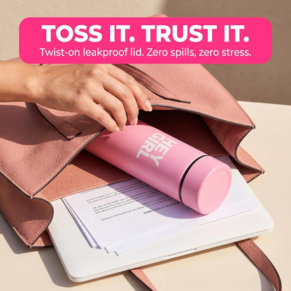 Hey Girl Tea Infuser Bottle 450ml - Insulated Stainless Steel Water Bottle - Tea Tumbler with Tea Diffuser - Portable Travel Mug for Loose Leaf Tea & Infused Water - Tea Lovers Gifts for Women (Pink)