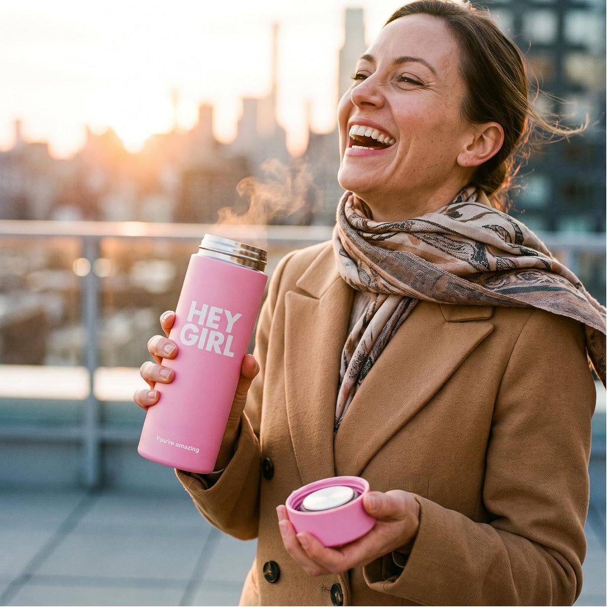Hey Girl Tea Infuser Bottle 450ml - Insulated Stainless Steel Water Bottle - Tea Tumbler with Tea Diffuser - Portable Travel Mug for Loose Leaf Tea & Infused Water - Tea Lovers Gifts for Women (Pink)
