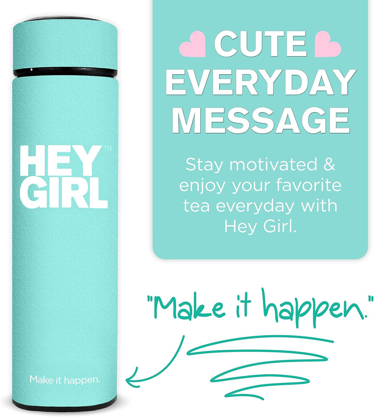 Hey Girl Tea Infuser Bottle 450ml - Insulated Stainless Steel Water Bottle - Tea Tumbler with Tea Diffuser - Portable Travel Mug for Loose Leaf Tea & Infused Water - Tea Lovers Gifts for Women (Pink)