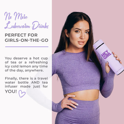 Hey Girl Tea Infuser Bottle 450ml - Insulated Stainless Steel Water Bottle - Tea Tumbler with Tea Diffuser - Portable Travel Mug for Loose Leaf Tea & Infused Water - Tea Lovers Gifts for Women (Pink)