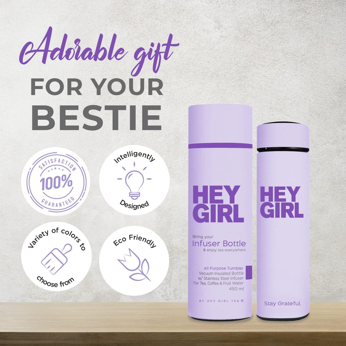 Hey Girl Tea Infuser Bottle 450ml - Insulated Stainless Steel Water Bottle - Tea Tumbler with Tea Diffuser - Portable Travel Mug for Loose Leaf Tea & Infused Water - Tea Lovers Gifts for Women (Pink)