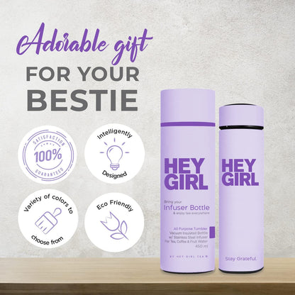 Hey Girl Tea Infuser Bottle 450ml - Insulated Stainless Steel Water Bottle - Tea Tumbler with Tea Diffuser - Portable Travel Mug for Loose Leaf Tea & Infused Water - Tea Lovers Gifts for Women (Pink)