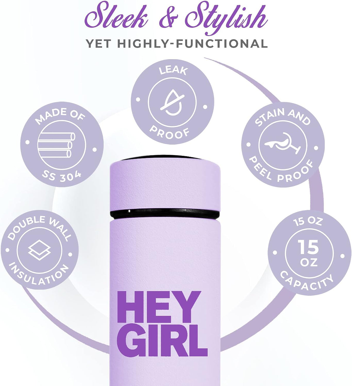 Hey Girl Tea Infuser Bottle 450ml - Insulated Stainless Steel Water Bottle - Tea Tumbler with Tea Diffuser - Portable Travel Mug for Loose Leaf Tea & Infused Water - Tea Lovers Gifts for Women (Pink)