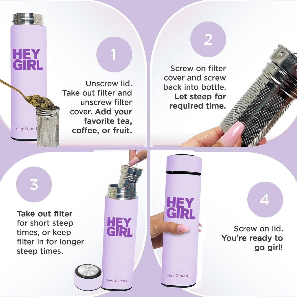 Hey Girl Tea Infuser Bottle 450ml - Insulated Stainless Steel Water Bottle - Tea Tumbler with Tea Diffuser - Portable Travel Mug for Loose Leaf Tea & Infused Water - Tea Lovers Gifts for Women (Pink)