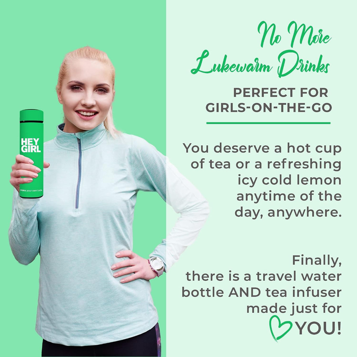 Hey Girl Tea Infuser Bottle 450ml - Insulated Stainless Steel Water Bottle - Tea Tumbler with Tea Diffuser - Portable Travel Mug for Loose Leaf Tea & Infused Water - Tea Lovers Gifts for Women (Pink)