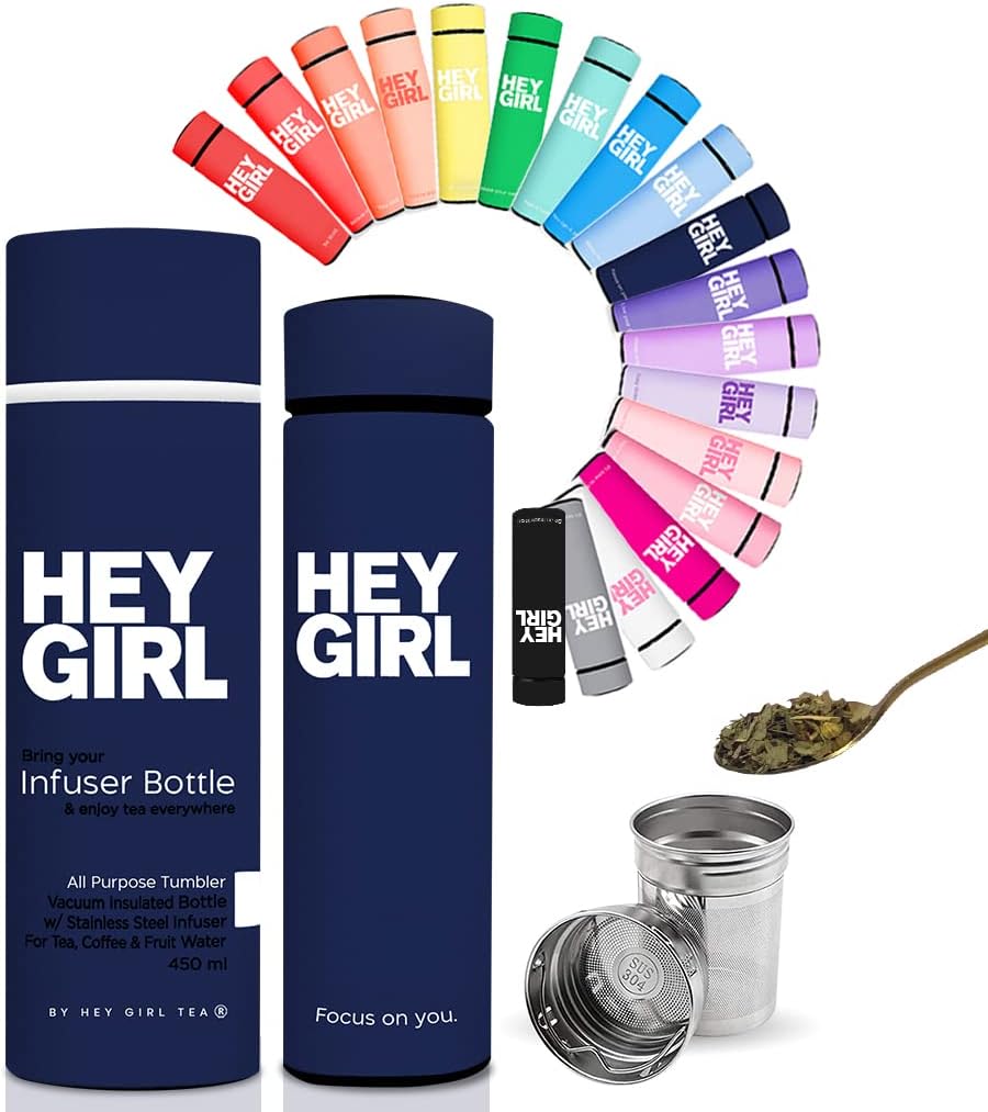 Hey Girl Tea Infuser Bottle 450ml - Insulated Stainless Steel Water Bottle - Tea Tumbler with Tea Diffuser - Portable Travel Mug for Loose Leaf Tea & Infused Water - Tea Lovers Gifts for Women (Pink)