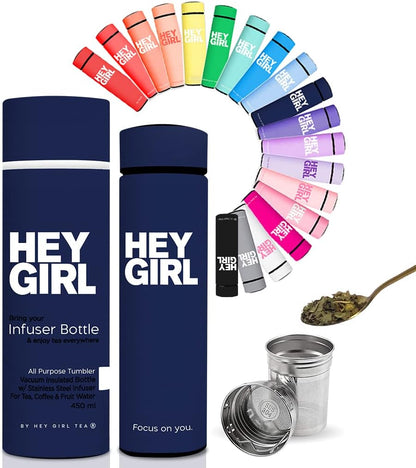 Hey Girl Tea Infuser Bottle 450ml - Insulated Stainless Steel Water Bottle - Tea Tumbler with Tea Diffuser - Portable Travel Mug for Loose Leaf Tea & Infused Water - Tea Lovers Gifts for Women (Pink)