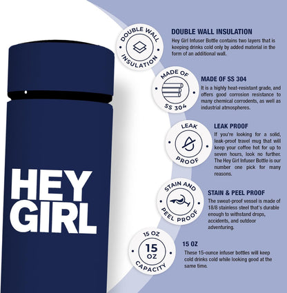 Hey Girl Tea Infuser Bottle 450ml - Insulated Stainless Steel Water Bottle - Tea Tumbler with Tea Diffuser - Portable Travel Mug for Loose Leaf Tea & Infused Water - Tea Lovers Gifts for Women (Pink)