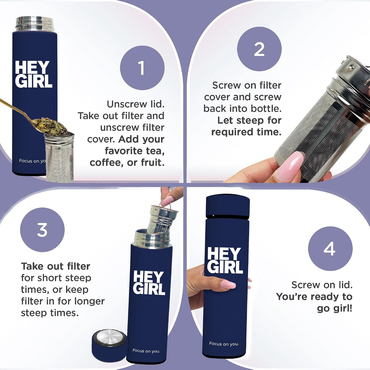 Hey Girl Tea Infuser Bottle 450ml - Insulated Stainless Steel Water Bottle - Tea Tumbler with Tea Diffuser - Portable Travel Mug for Loose Leaf Tea & Infused Water - Tea Lovers Gifts for Women (Pink)