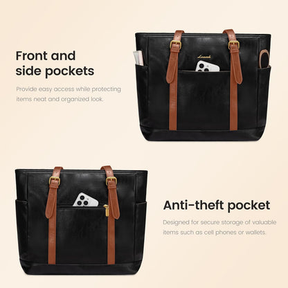 Laptop Tote Bag for Women,Leather Work Computer Briefcase Bag | Large Cup Holder,15.6 Inch Work Tote,Professional Briefcase,Teacher Commuter Shoulder Bag,Office,Travel,Gift