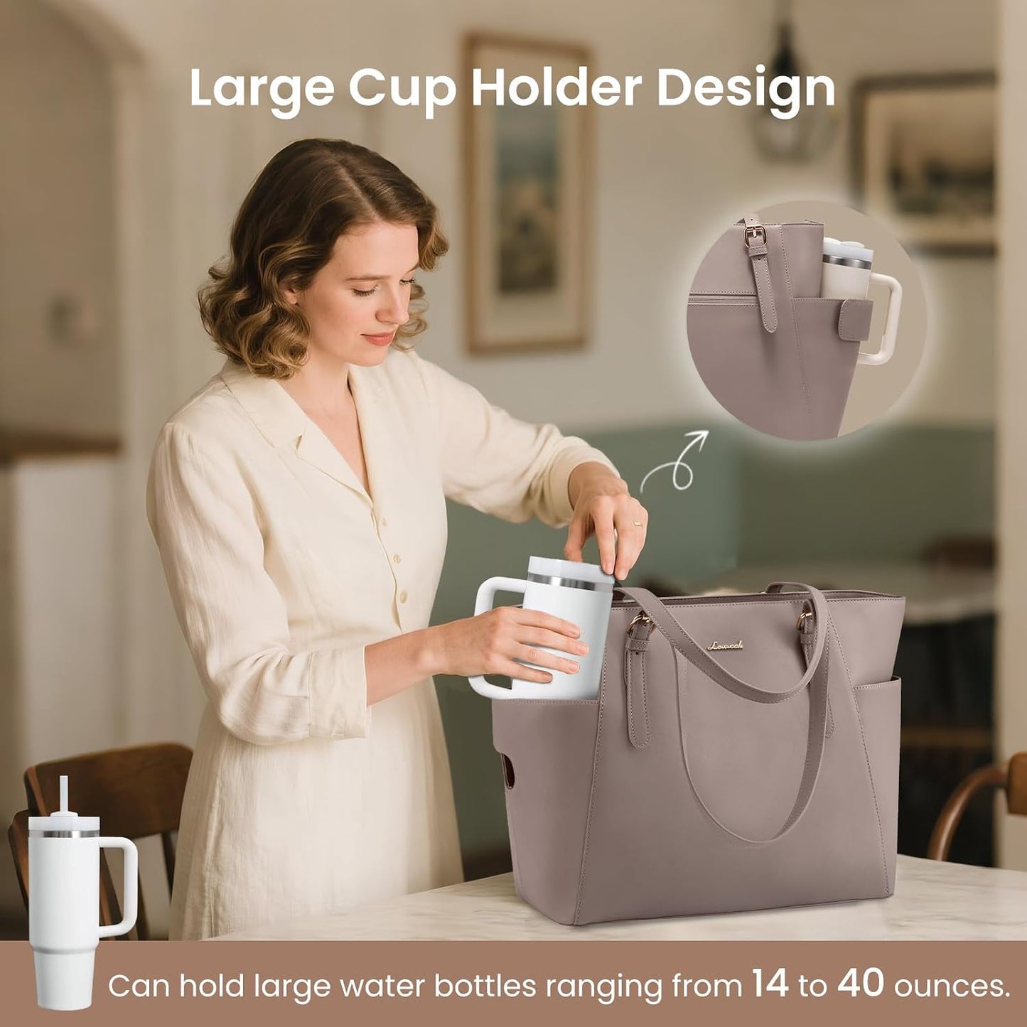 Laptop Tote Bag for Women,Leather Work Computer Briefcase Bag | Large Cup Holder,15.6 Inch Work Tote,Professional Briefcase,Teacher Commuter Shoulder Bag,Office,Travel,Gift