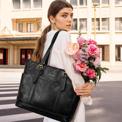 Laptop Tote Bag for Women,Leather Work Computer Briefcase Bag | Large Cup Holder,15.6 Inch Work Tote,Professional Briefcase,Teacher Commuter Shoulder Bag,Office,Travel,Gift