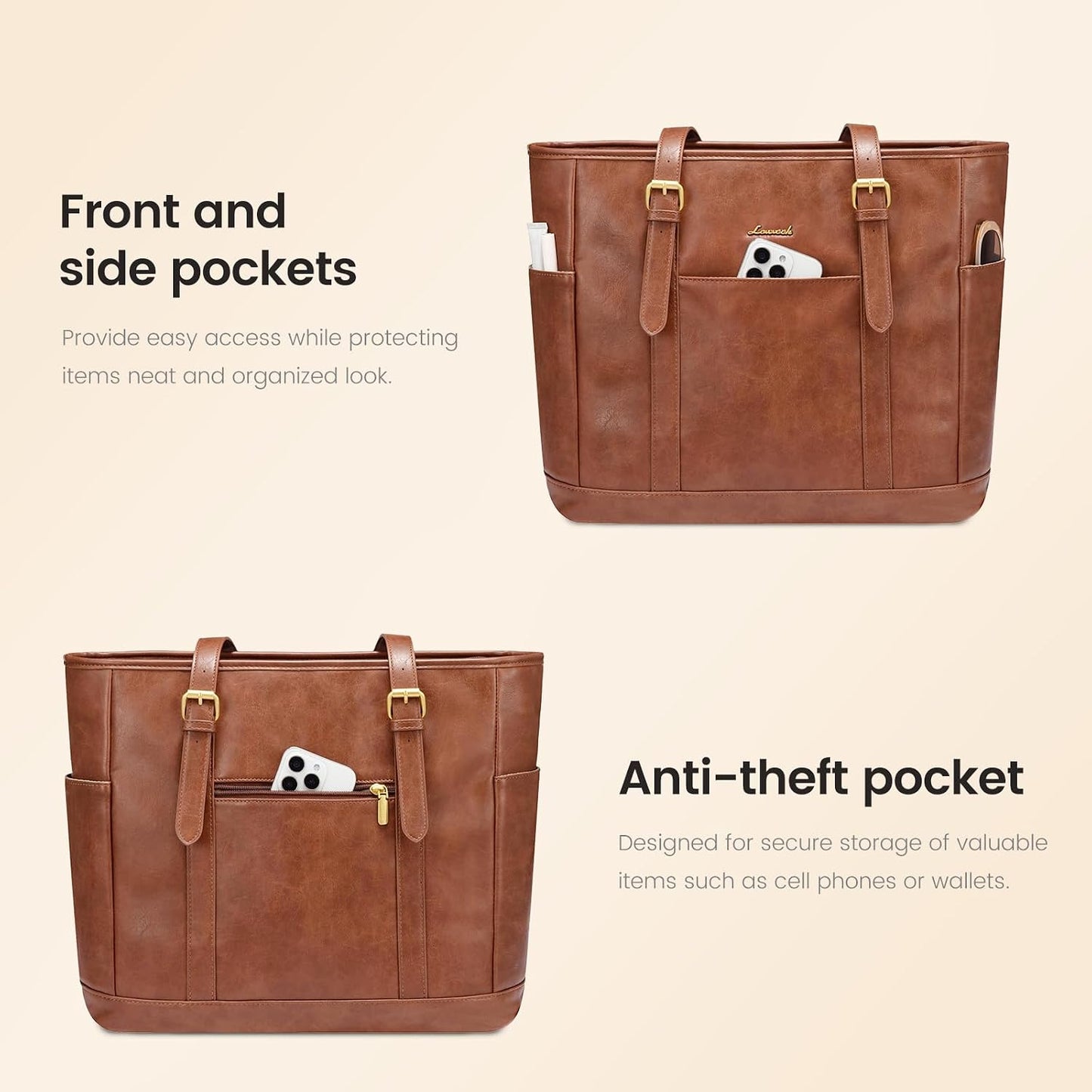 Laptop Tote Bag for Women,Leather Work Computer Briefcase Bag | Large Cup Holder,15.6 Inch Work Tote,Professional Briefcase,Teacher Commuter Shoulder Bag,Office,Travel,Gift