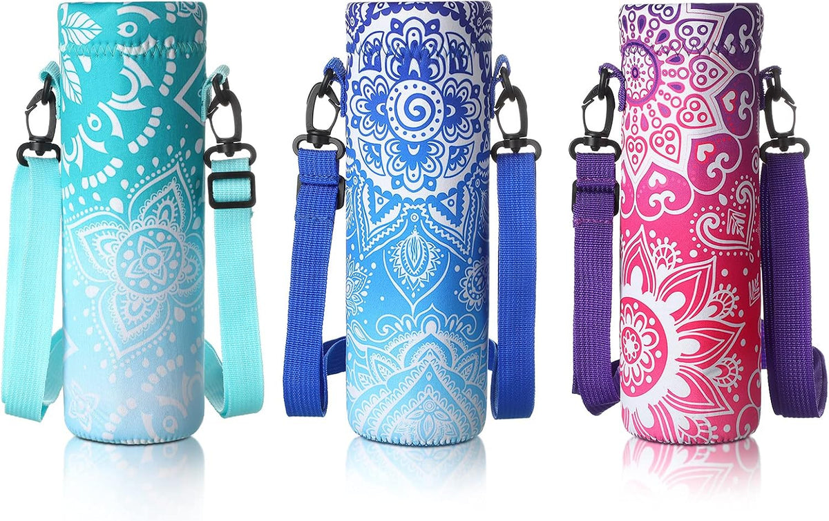 3 Pack 25 oz Neoprene Water Bottle Carrier Bag with Adjustable Shoulder Strap Water Bottle Holders for Adults Sports Gym Hiking Camping Walking(Mandala Style)