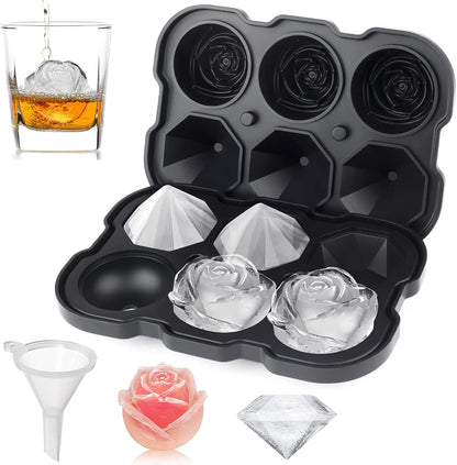 Ice Cube Tray, 2 inch Rose Ice Cube Trays With Covers, 3 Cavity Silicone Rose Ice Tray & 3 Diamond Ice Ball Maker, Easy Release Large Ice Cube Form for Chilled Cocktails, Whiskey Juice Black