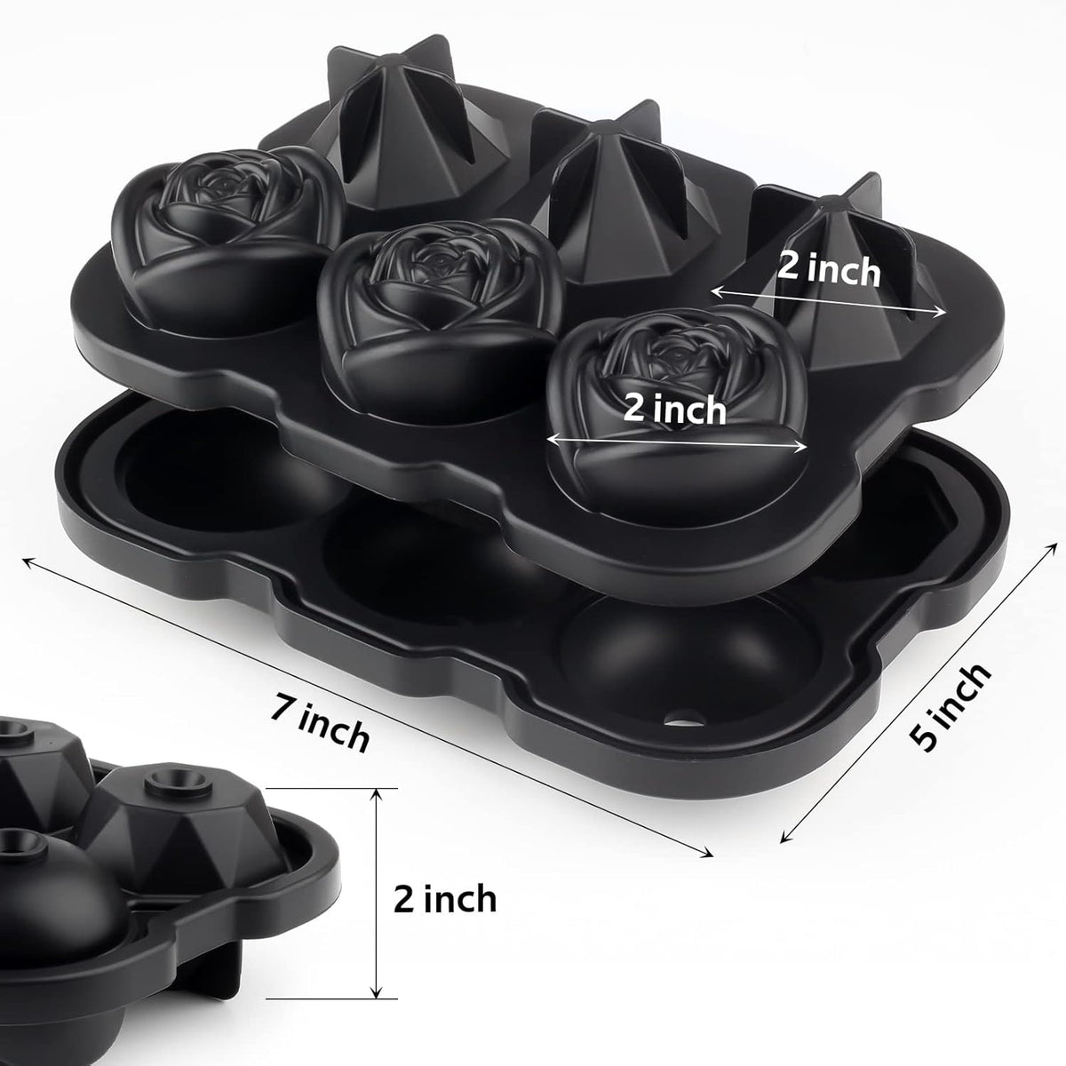 Ice Cube Tray, 2 inch Rose Ice Cube Trays With Covers, 3 Cavity Silicone Rose Ice Tray & 3 Diamond Ice Ball Maker, Easy Release Large Ice Cube Form for Chilled Cocktails, Whiskey Juice Black