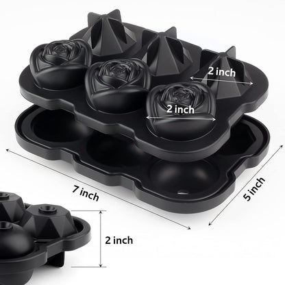 Ice Cube Tray, 2 inch Rose Ice Cube Trays With Covers, 3 Cavity Silicone Rose Ice Tray & 3 Diamond Ice Ball Maker, Easy Release Large Ice Cube Form for Chilled Cocktails, Whiskey Juice Black