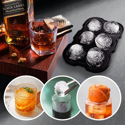 Ice Cube Tray, 2 inch Rose Ice Cube Trays With Covers, 3 Cavity Silicone Rose Ice Tray & 3 Diamond Ice Ball Maker, Easy Release Large Ice Cube Form for Chilled Cocktails, Whiskey Juice Black