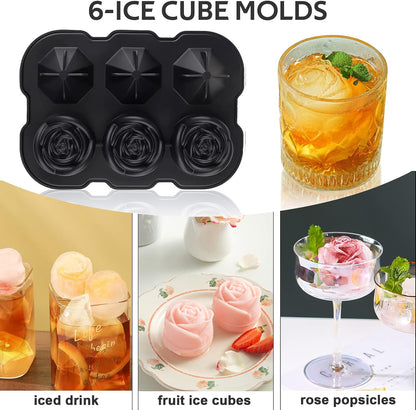 Ice Cube Tray, 2 inch Rose Ice Cube Trays With Covers, 3 Cavity Silicone Rose Ice Tray & 3 Diamond Ice Ball Maker, Easy Release Large Ice Cube Form for Chilled Cocktails, Whiskey Juice Black