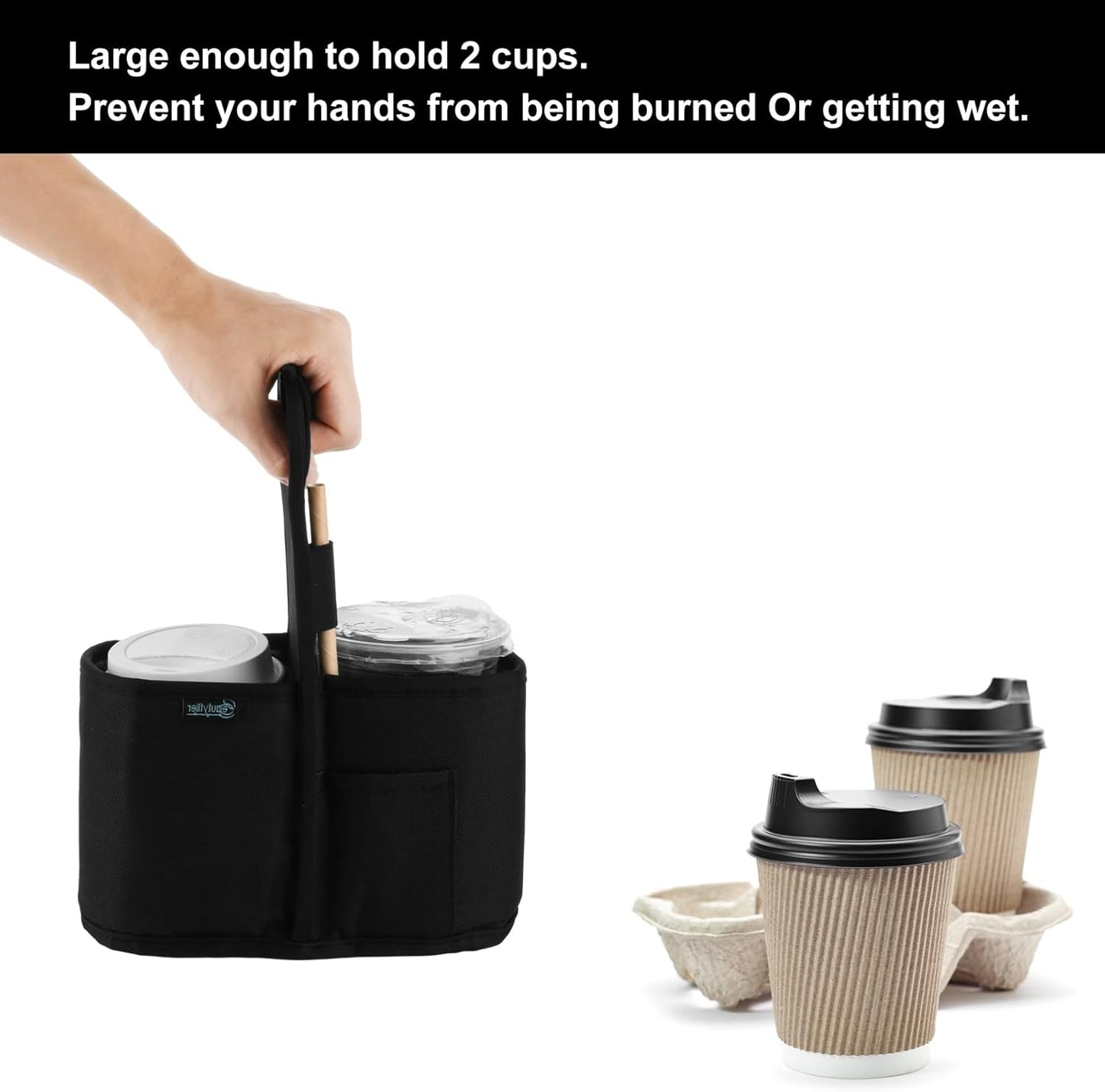 Drink Carrier with Handle for Delivery Reusable Insulated Coffee Cup Carrier Portable Cup Holder with Handle Organizer Tote Bag for Hot & Cold Drinks (2 Cup, Blue)