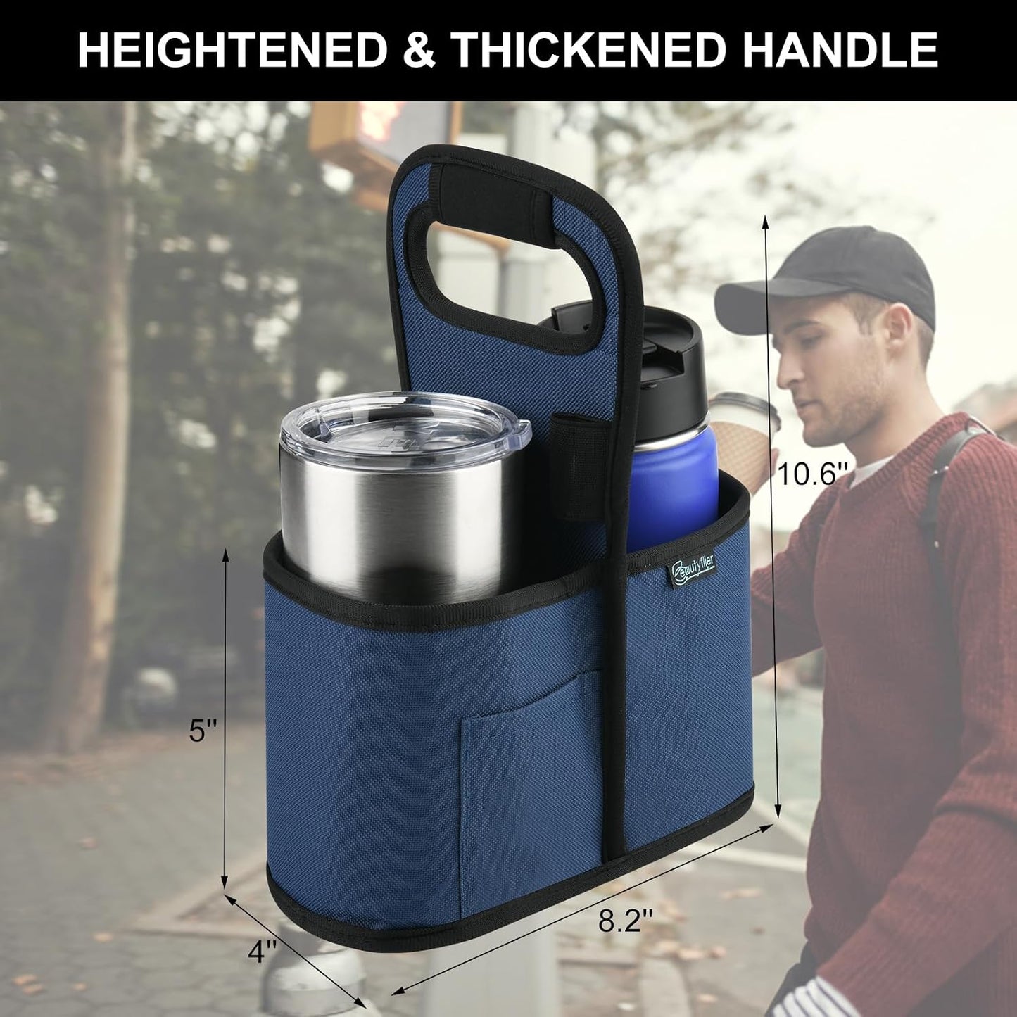 Drink Carrier with Handle for Delivery Reusable Insulated Coffee Cup Carrier Portable Cup Holder with Handle Organizer Tote Bag for Hot & Cold Drinks (2 Cup, Blue)