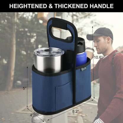 Drink Carrier with Handle for Delivery Reusable Insulated Coffee Cup Carrier Portable Cup Holder with Handle Organizer Tote Bag for Hot & Cold Drinks (2 Cup, Blue)