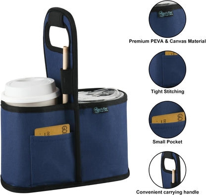 Drink Carrier with Handle for Delivery Reusable Insulated Coffee Cup Carrier Portable Cup Holder with Handle Organizer Tote Bag for Hot & Cold Drinks (2 Cup, Blue)
