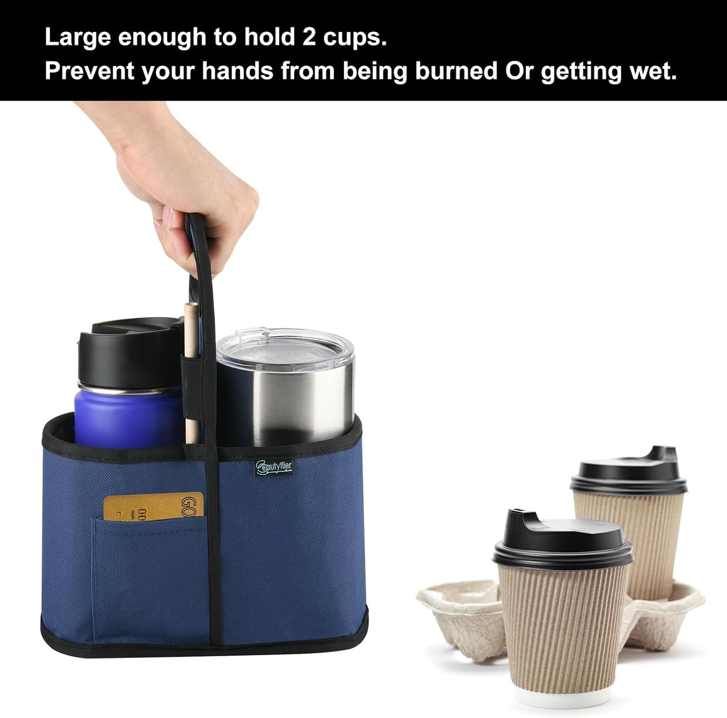Drink Carrier with Handle for Delivery Reusable Insulated Coffee Cup Carrier Portable Cup Holder with Handle Organizer Tote Bag for Hot & Cold Drinks (2 Cup, Blue)