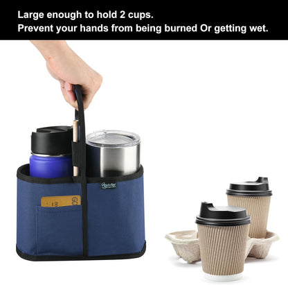 Drink Carrier with Handle for Delivery Reusable Insulated Coffee Cup Carrier Portable Cup Holder with Handle Organizer Tote Bag for Hot & Cold Drinks (2 Cup, Blue)