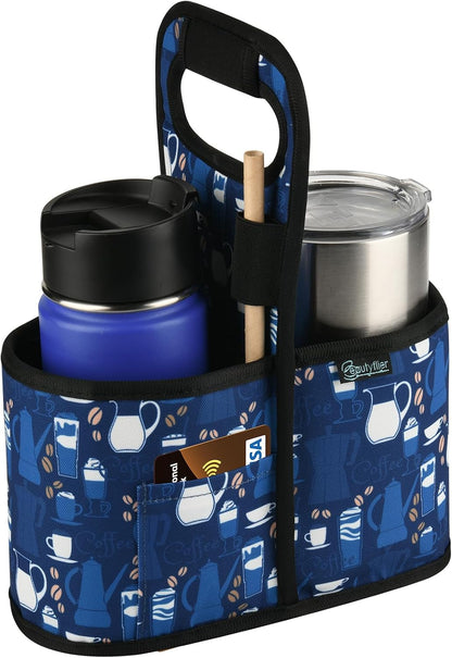 Drink Carrier with Handle for Delivery Reusable Insulated Coffee Cup Carrier Portable Cup Holder with Handle Organizer Tote Bag for Hot & Cold Drinks (2 Cup, Blue)