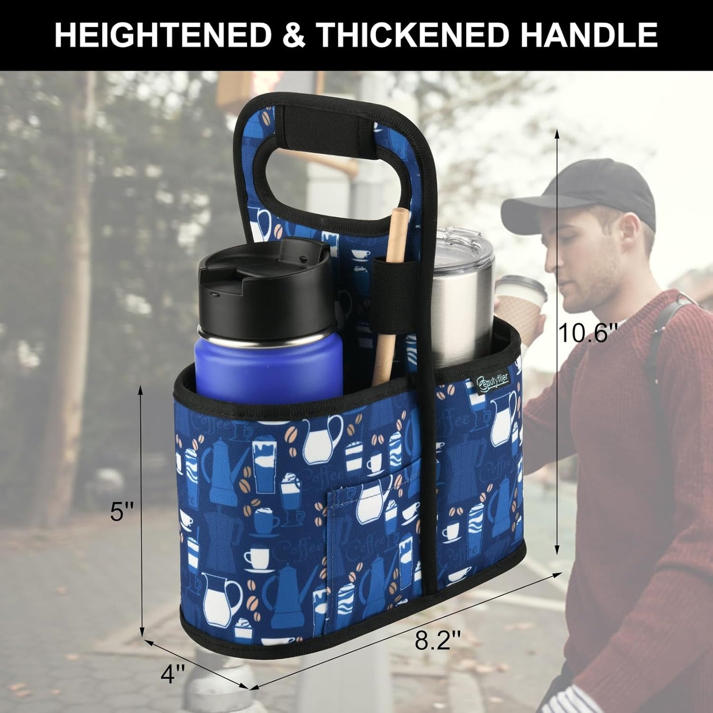 Drink Carrier with Handle for Delivery Reusable Insulated Coffee Cup Carrier Portable Cup Holder with Handle Organizer Tote Bag for Hot & Cold Drinks (2 Cup, Blue)