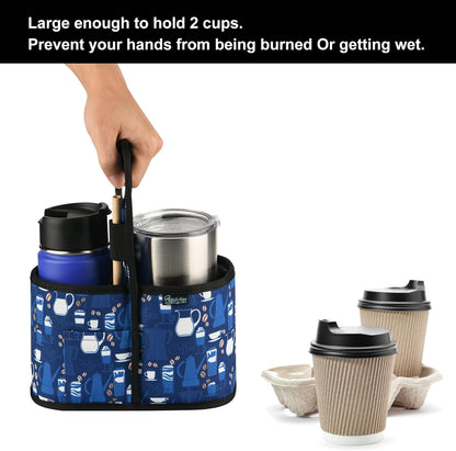 Drink Carrier with Handle for Delivery Reusable Insulated Coffee Cup Carrier Portable Cup Holder with Handle Organizer Tote Bag for Hot & Cold Drinks (2 Cup, Blue)