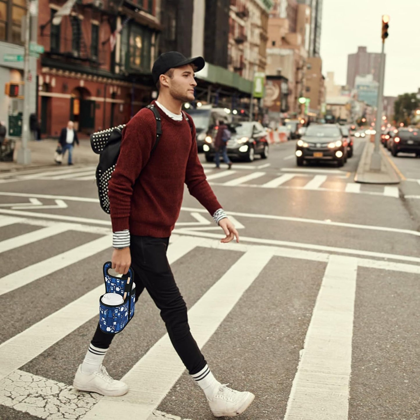 Drink Carrier with Handle for Delivery Reusable Insulated Coffee Cup Carrier Portable Cup Holder with Handle Organizer Tote Bag for Hot & Cold Drinks (2 Cup, Blue)