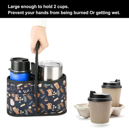 Drink Carrier with Handle for Delivery Reusable Insulated Coffee Cup Carrier Portable Cup Holder with Handle Organizer Tote Bag for Hot & Cold Drinks (2 Cup, Blue)