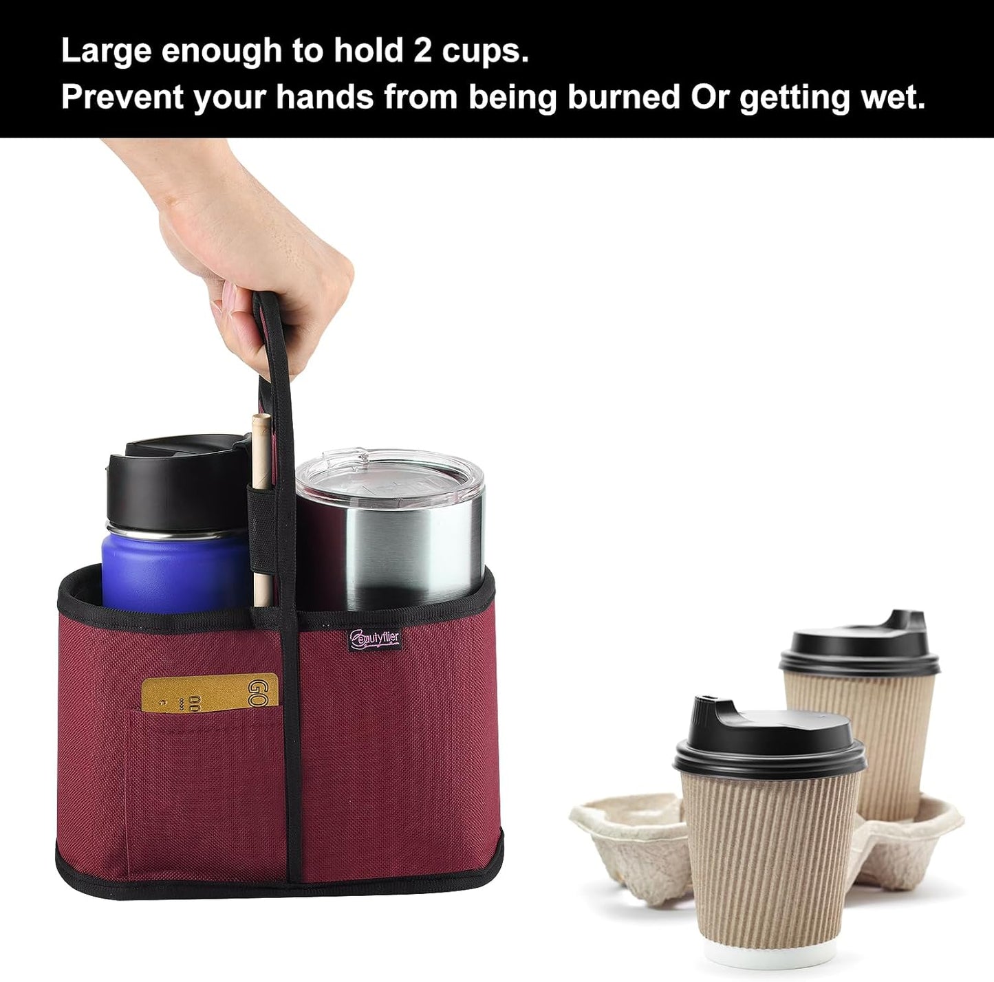 Drink Carrier with Handle for Delivery Reusable Insulated Coffee Cup Carrier Portable Cup Holder with Handle Organizer Tote Bag for Hot & Cold Drinks (2 Cup, Blue)