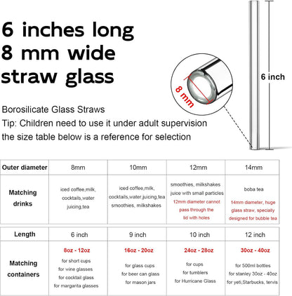 Shatter-Resistant Bent Glass Straws, 9 Inch x 8mm Thin for 16 oz Cups